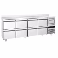 Stół chłodniczy barowy do napojów PREMIUM – 2690 x 600 mm – z 8 szufladami 1/2, rantem i odbijakiem do kawy