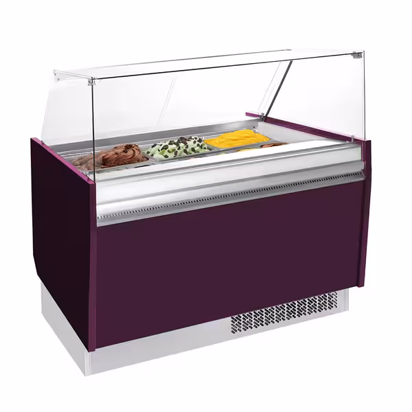 Ice Cream Display Freezer | LIAM - 1310mm - Static cooling - with LED lighting - for 10 x 5 litres Napoli pans - Violet - hinged glass lid