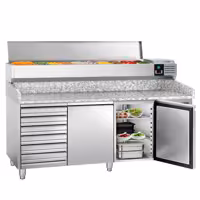 Stół chłodniczy do pizzy PREMIUM - 2025x800mm - z blatem granitowym - 2‑drzwiowy, 7 szuflad - z nadstawką chłodniczą z osłoną szklaną z oświetleniem LED - 9x GN 1/3