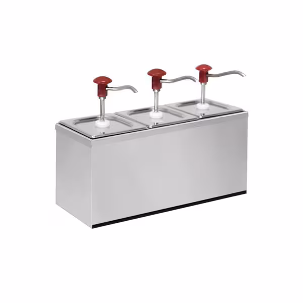 Dispenzer za umake - set s okvirom - kromirani dijelovi; postolje od plemenitog čelika - 3x 2 l - 500x180x340 mm - prikladno za GN 1/6, dubina 200 mm - einstellbarer Dosierung - s spremnikom - uklj. postolje od nehrđajućeg čelika