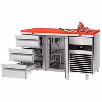 Rashladni pult PREMIUM - 1400x700 mm - 281 l - Boja Crvena - Ventilirano hlađenje - s 1 vrata - s 3 ladica - uklj. Ploča za rezanje Crvena