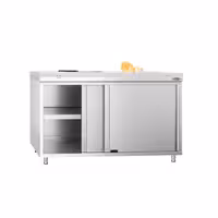 Arbetskåp i rostfritt stål PREMIUM - 1400x600 mm - med 2 skjutdörrar - inkl. skärbräda vit