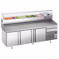 Table réfrigérée à pizza Premium PLUS - 2305x800 mm - avec 3 portes & 1 tiroir - incl. vitrine réfrigérée - 11x GN 1/4