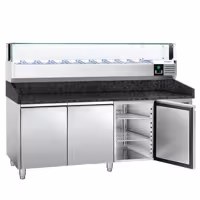 Table réfrigérée à pizza PREMIUM - 2000 x 800 mm - avec 3 portes - incl. vitrine réfrigérée LED - 10 x GN 1/4