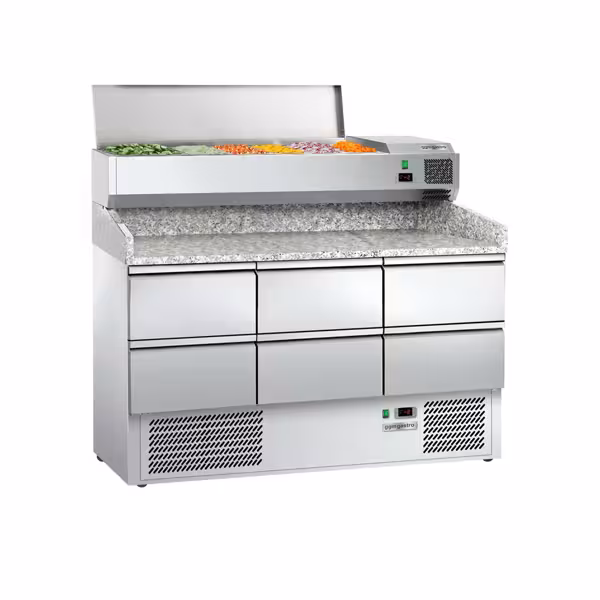Commercial Pizza Prep Counter - Granite Top ECO - 1400x700mm - with 0 doors & 6 dough drawers 1/2 - incl. refrigerated topping unit - 6x GN 1/4