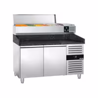 Stół chłodniczy do pizzy PREMIUM - 1500x800mm - z blatem granitowym - 2‑drzwiowy - z nadstawką chłodniczą - 6x GN 1/3