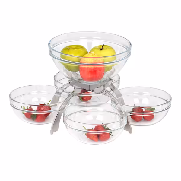 Açık Büfe Teşhir Standı - Paslanmaz Çelik - 360x360x360mm - dahil 5 Cam Kase 4 adet 200x200mm, 1 adet 230x230mm