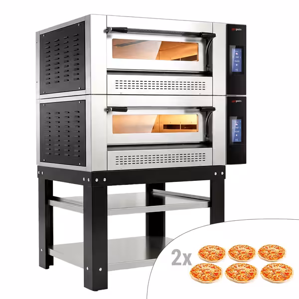 Gas Deck Pizza Oven - Twin Deck - Refractory Stone Deck - 6+6 x Ø 30cm (12") - 230V Single Phase - Touchscreen Controls - up to 450°C - incl. Base frame