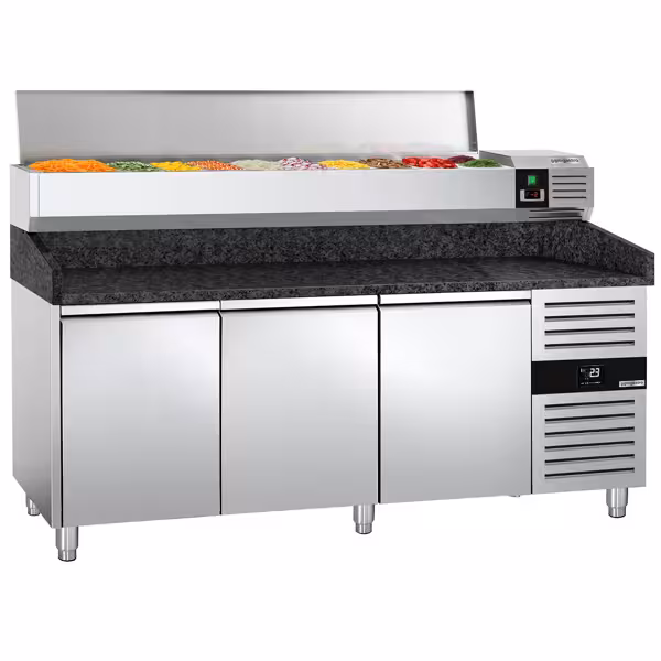 Stół chłodniczy do pizzy PREMIUM - 2025x800mm - z blatem granitowym - 3‑drzwiowy - z nadstawką chłodniczą - 10x GN 1/4