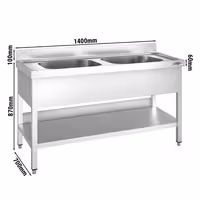 Stół zlewozmywakowy PREMIUM – stal nierdzewna – 1400 x 700 mm – z półką dolną – ze zlewem 2-komorowym pośrodku – z rantem