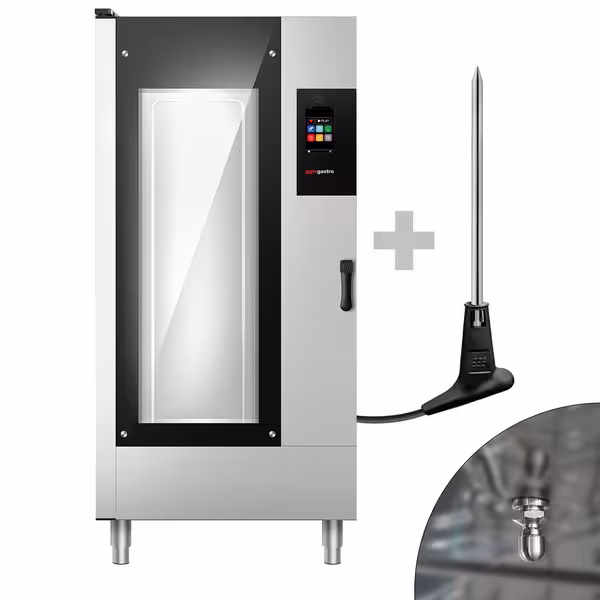 Commercial Electric Combi Oven - Touchscreen Controls - 20x GN 1/1 - incl. Automatic washing system, Core temperature probe & Trolley