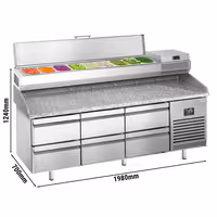 Pizzakühltisch Premium PLUS - 1980x700mm - mit 6 Schubladen - inkl. Kühlaufsatzvitrine - 9x GN 1/4