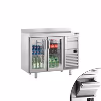 Stół chłodniczy barowy do napojów Premium PLUS – 1470 x 600 mm – z 2 drzwiami szklanymi, rantem i odbijakiem do kawy