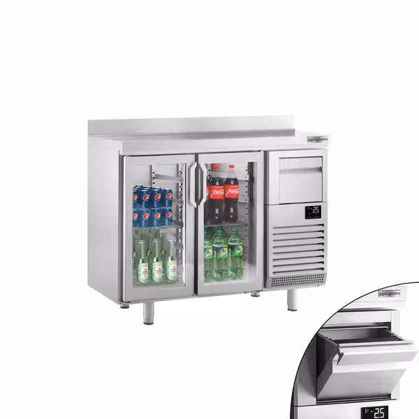 Stół chłodniczy barowy do napojów Premium PLUS – 1470 x 600 mm – z 2 drzwiami szklanymi, rantem i odbijakiem do kawy