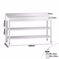 Mesa de trabalho em aço inoxidável PREMIUM - 1400x700mm - com prateleira inferior & com painel traseiro & com prateleira intermédia & com travessas de reforço
