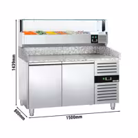 Table réfrigérée à pizza PREMIUM - 1500 x 800 mm - avec 2 portes - incl. vitrine réfrigérée avec LED - 5 x GN 1/3 + 1 x GN 1/2