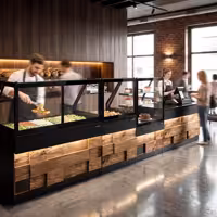 Saladette refrigerata professionale TORONTO - 2550mm - rivestimento frontale in legno - 4 porte - con vetrina in vetro dritto per 6x GN 1/1, 1 ripiano - piano di lavoro in granito