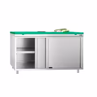 Darba galds ar skapīti no nerūsējošā tērauda PREMIUM - 1600x600 mm - ar bīdāmām durvīm - iekļ. griežamais dēlis - zaļš