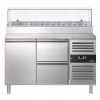 PREMIUM pripremni stol – 1360 mm – 1 vrata i 2 ladice – s gornjom plohom od stakla – za 7 x GN 1/3