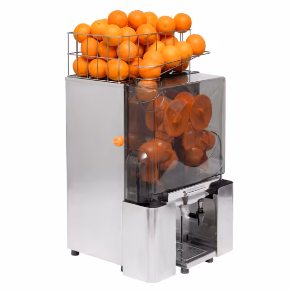 Portakal Sıkma Makinesi - 200W - 48kg - Elektrikli, manuel beslemeli, 20 adet/dk, 60-80mm meyve çapı, çıkarılabilir ön kapak, güvenlik kilidi, musluklu, çöp kutusu 10kg - Paslanmaz Çelik