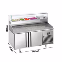 Pizzapult PREMIUM PLUS - 1490x700 mm - 2 ajtó - feltéthűtővel - 6x GN 1/4 - gránit munkalappal