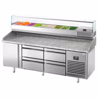 Table réfrigérée à pizza Premium PLUS - 1980x700 mm - avec 1 porte & 4 tiroirs - incl. vitrine réfrigérée - 9x GN 1/4