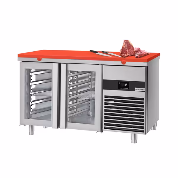 Kühltisch PREMIUM - 1400x700 mm - 281 l - ventileeritud jahutus - Värv punane - koos 2 klaasuksega
