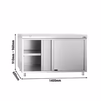 Arbetskåp i rostfritt stål PREMIUM - 1400x600 mm - med 2 skjutdörrar - inkl. skärbräda vit