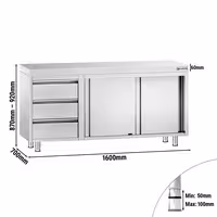 خزانة قاعدية ستانلس ستيل PREMIUM - 1600x700mm - أبواب منزلقة وحدة أدراج 3 يسار