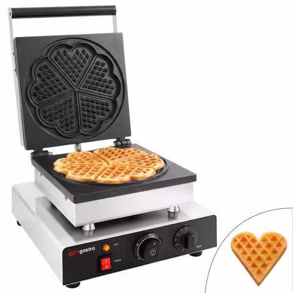 Waffle makinesi - Tekli - Manuel - 1,75 kW - Kalıp şekli: Kalp-Çiçek - Teflon kaplı pişirme plakaları