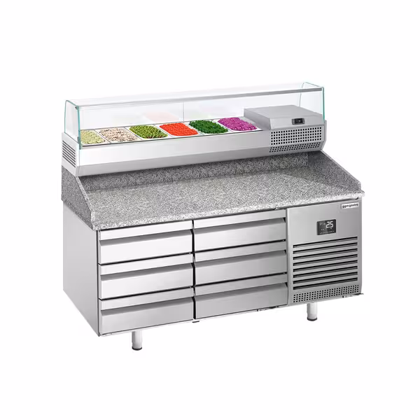 Profesionāls Picas galds PREMIUM PLUS - 1490x700 mm - ar 6 atvilktnēm - ar granīta darba virsmu - ar augšējo aukstuma vitrīnu - 6x GN 1/4