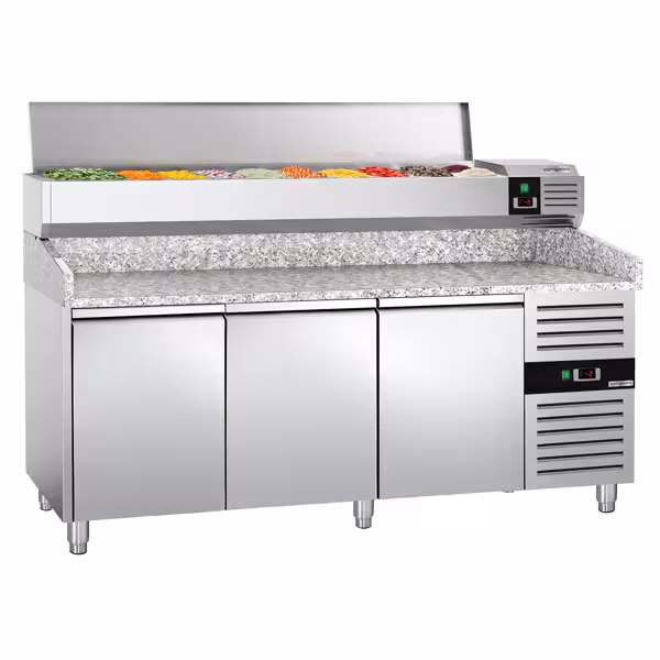 Stół chłodniczy do pizzy PREMIUM – 2000 x 800 mm – z 3 drzwiami – wraz z nadstawką chłodniczą – 9 x GN 1/3