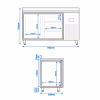 Rashladni pult PREMIUM PLUS - 1468x600 mm - 250 l - s 1 vrata - s 3 ladica - Ventilirano hlađenje - Podignuti rub