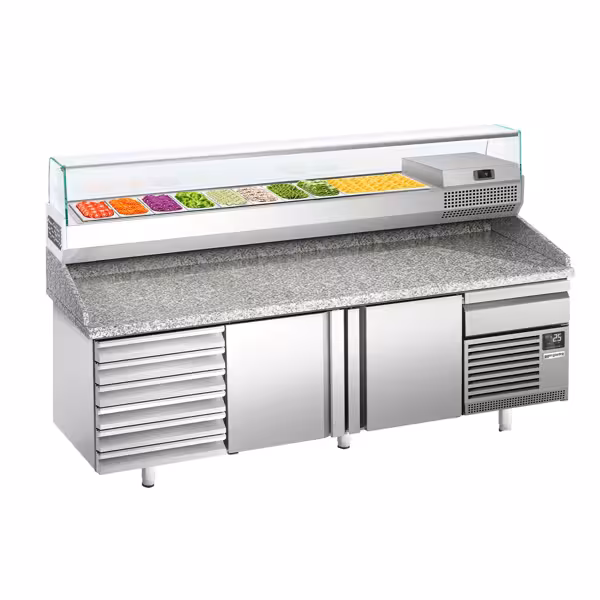 Stół chłodniczy do pizzy Premium PLUS - 2305x800mm - z 2 drzwiami & 7 szufladami - włącznie z witryną chłodniczą nadstawną - 10x GN 1/3