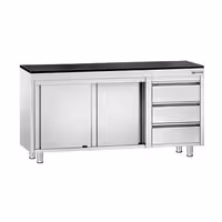Rozsdamentes acél munkaszekrény PREMIUM – 1600x700 mm – 3 fiókkal a jobb oldalon – gránit munkalapmal