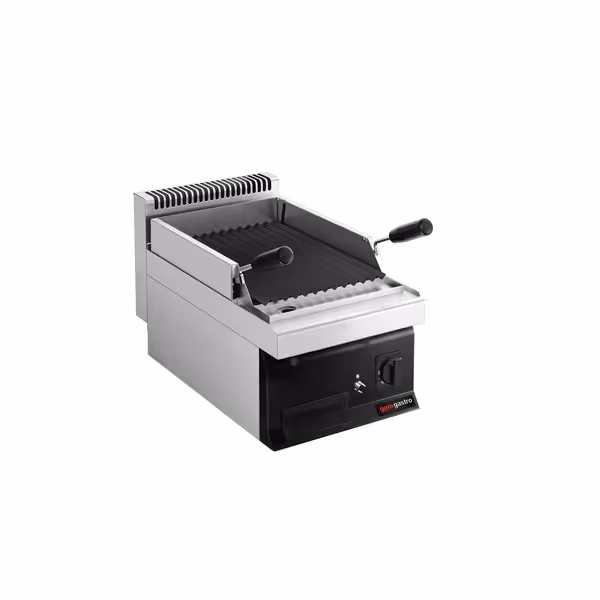 Barbacoa a gas con piedra volcánica - 7kW|400mm - Parrilla vasca - De sobremesa - 700 fondo - 1 rejillas - Parrilla regulable en 3 alturas - Rejilla tipo V - Frente negro