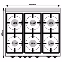 Plinski štednjak - 900x600x1020 mm - 28,5 kW - 6 plamenika - samostojeći - s električnom pećnicom konvekcijskom - GN 1/1 - 3 kW