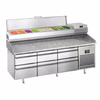 طاولة تحضير بيتزا مبردة PREMIUM PLUS - 1980x700 mm - مع 6 أدراج - سطح عمل جرانيت - شامل وحدة تبريد علوية - 9x GN 1/4