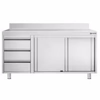 خزانة قاعدية ستانلس ستيل PREMIUM - 1600x600mm - وحدة أدراج 3 يسار - مع حاجز خلفي
