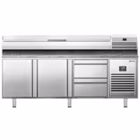 Pizzapult PREMIUM PLUS - 1980x700 mm - 2 ajtó + 2 fiók - feltéthűtővel - 9x GN 1/4 - gránit munkalappal