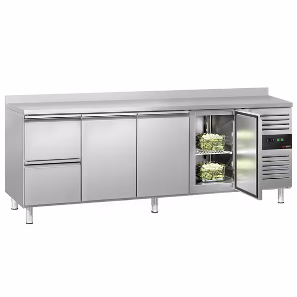 Balcão refrigerado ECO - 2230 x 700 mm - com 3 portas - 2 gavetas - com rebordo