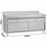 Rozsdamentes acél munkaszekrény ECO – 2000x600 mm – felhajtott peremmel – 4 fiókkal és tolóajtóval
