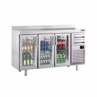 Stół chłodniczy barowy do napojów Premium PLUS – 1960 x 600 mm – z 3 drzwiami szklanymi, 2 szufladami i rantem