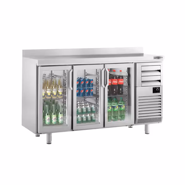 Stół chłodniczy barowy do napojów Premium PLUS – 1960 x 600 mm – z 3 drzwiami szklanymi, 2 szufladami i rantem