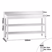 Mesa de trabalho em aço inoxidável PREMIUM - 1500x700mm - com prateleira inferior & com painel traseiro & com prateleira intermédia & com travessas de reforço