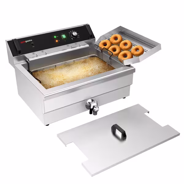 Friteuză electrică cu grătar de scurgere – pentru pește și produse de panificație – 30 litri – 5 kW – cu robinet de scurgere