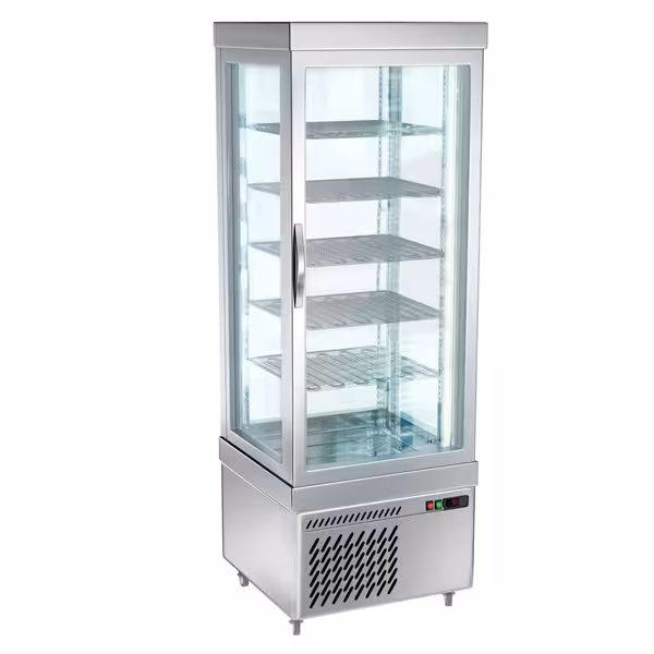 4-Sided Glass Display Fridge - 430L - 670mm - with 5 rotating glass shelves - 1 glass door - for patisserie - Silver