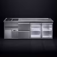 Direct Draw Beer Dispenser / Kegerator 2 Glass Doors + 2 Drawers PREMIUM – 2 sinks left - 2500×700 mm - 3 drip trays