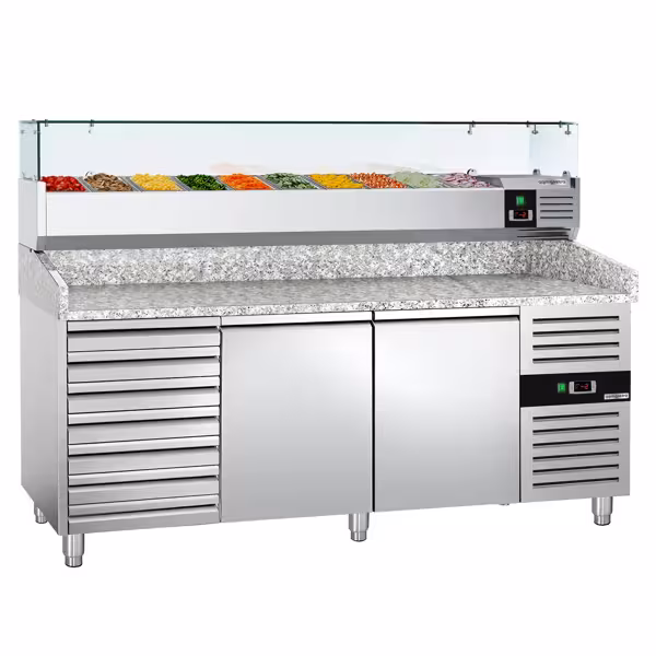 Stół chłodniczy do pizzy ECO - 2025x800mm - z blatem granitowym - 2‑drzwiowy, 7 szuflad - z nadstawką chłodniczą z osłoną szklaną - 9x GN 1/3