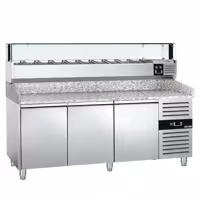 Balcão de pizza refrigerado PREMIUM - 2025x800mm - com tampo em granito - com 3 portas - incl. vitrina refrigerada superior LED - 10x Recipientes GN 1/4